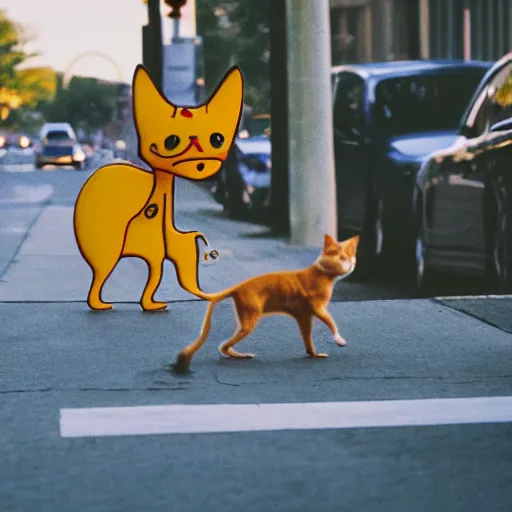 Prompt: photo of catdog walking across the street, realism, photo-realism, hyper-realism, leica 35mm