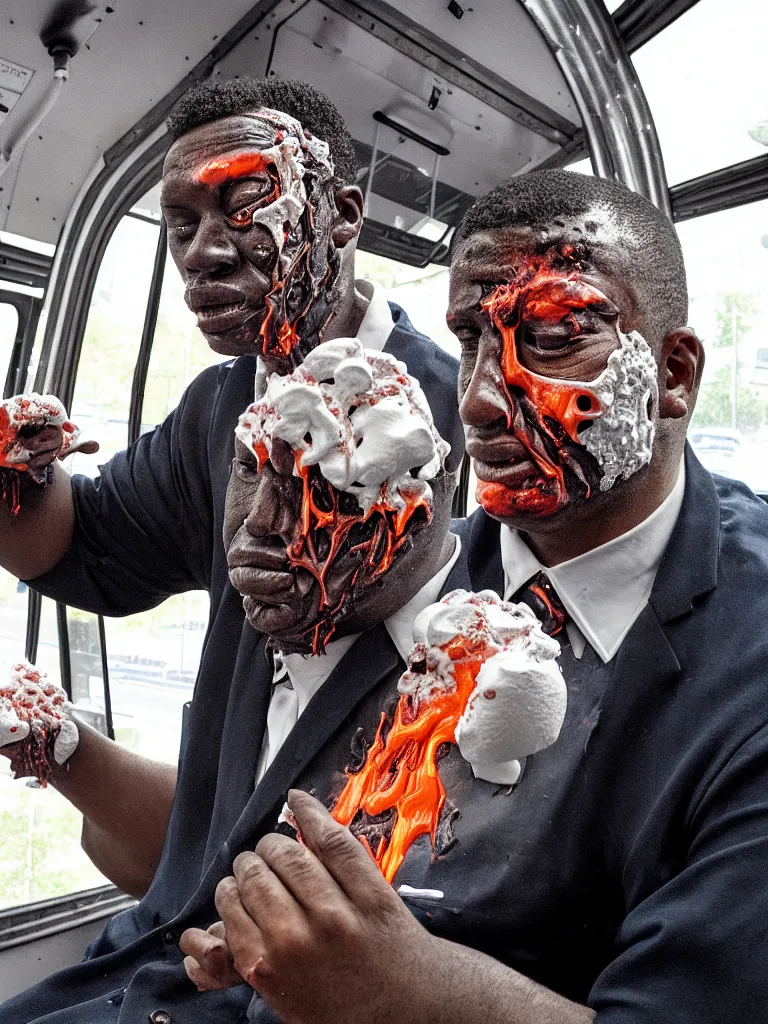 Prompt: a perfect portrait of a bus driver giving a deposition. his skin is expanding and bursting. leaking molten marshmallow from the fissures in his stretched, agonising skin.