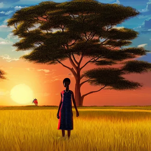 Prompt: a maasai girl standing in the savanna during a sunset by studio ghibli