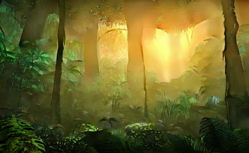 Prompt: a beautiful render of a dark prehistoric rainforest, lush flora, insects flying around, patches of green - orange sky, intricate detail, god rays, hazy, humid, volumetric lighting, 8 k, photorealistic, raytracing effects, unreal engine 5