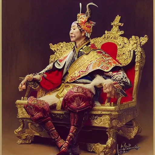 Image similar to portrait of the emperor of japan dressed as a chicken, sitting on his throne at his palace, highly detailed painting by gaston bussiere, craig mullins, j. c. leyendecker 8 k