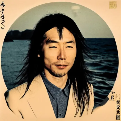 Image similar to japanese man with long hair in a beige suit standing in the ocean looking at the camera, wide shot, far away, zoomed out, distance shot, sunset, centered, album cover, tatsuro yamashita, 1980, ride on time