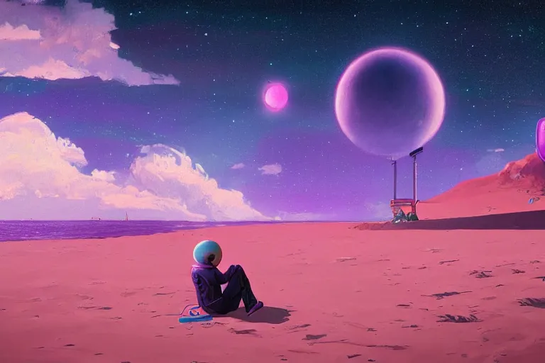 Image similar to astronaut sitting at the beach next to his spaceship on a pink, blue, purple alien planet watching an planet, surreal photography, dark night, stars, planets, moon light, alien vegetation, impressionist painting, clouds, digital painting, artstation, simon stalenhag