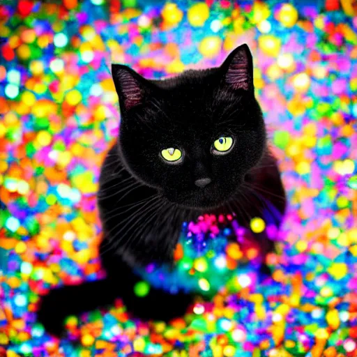 Prompt: a high - quality photo of a black cat sprinkled with ( ( rainbow ) ) glitter, highly detailed, in - frame, sharpened, sparkly