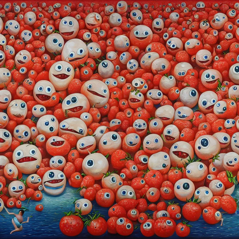 Image similar to a funny high resolution oil painting with dirty old brush of a lazy red burning and melting tomatos with to many googly eyes on a sunset beach to hot for the sun, big piles of strawberry icecream in cones falling from the sky by james jean and fernando botero