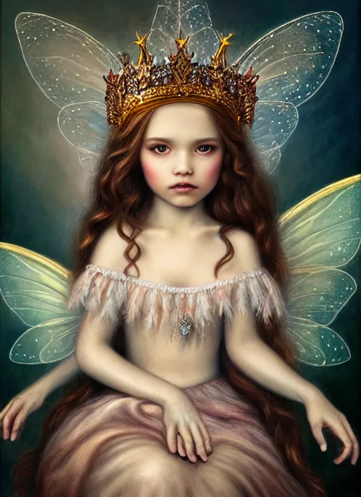 Image similar to highly detailed closeup portrait of a fairy princess wearing a crown and sitting on a throne, nicoletta ceccoli, mark ryden, lostfish, earl nore, global illumination, god rays, detailed and intricate environment