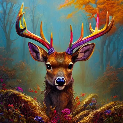 Image similar to deer colorful, fantasy, intricate, highly detailed, digital painting, hq, trending on artstation, illustration, style of stanley artgerm and greg rutkowski and dan mumford