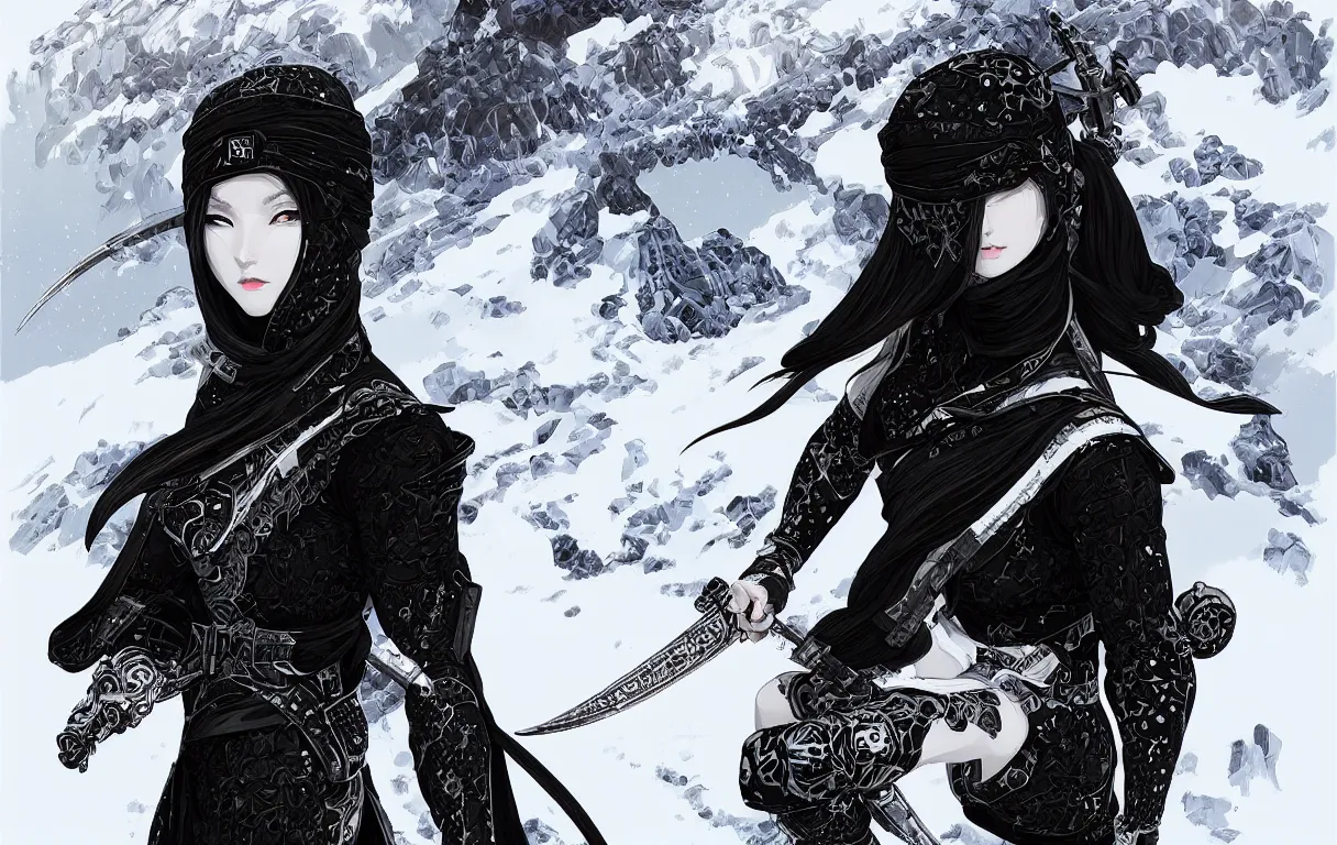 Image similar to portrait ninja gaiden girl, black plus white ninja wardrobe, at snowy fuji mountain sunrise, ssci - fi and fantasy, intricate and very very beautiful, detailed, digital painting, artstation, concept art, smooth and sharp focus, illustration, art by tian zi and wlop and alphonse mucha