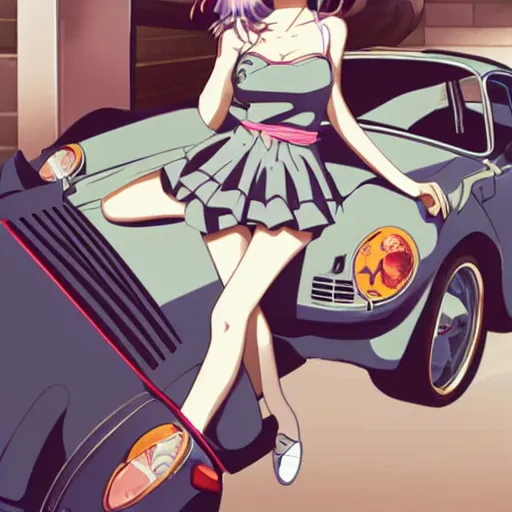 Lexica - A light blue porsche with a girl in a red vest sitting on the  hood, anime style, happy, sunny day