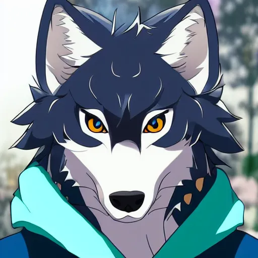 Image similar to key anime visual portrait of a handsome male anthro wolf furry fursona with beautiful eyes, wearing a hoodie, official modern animation