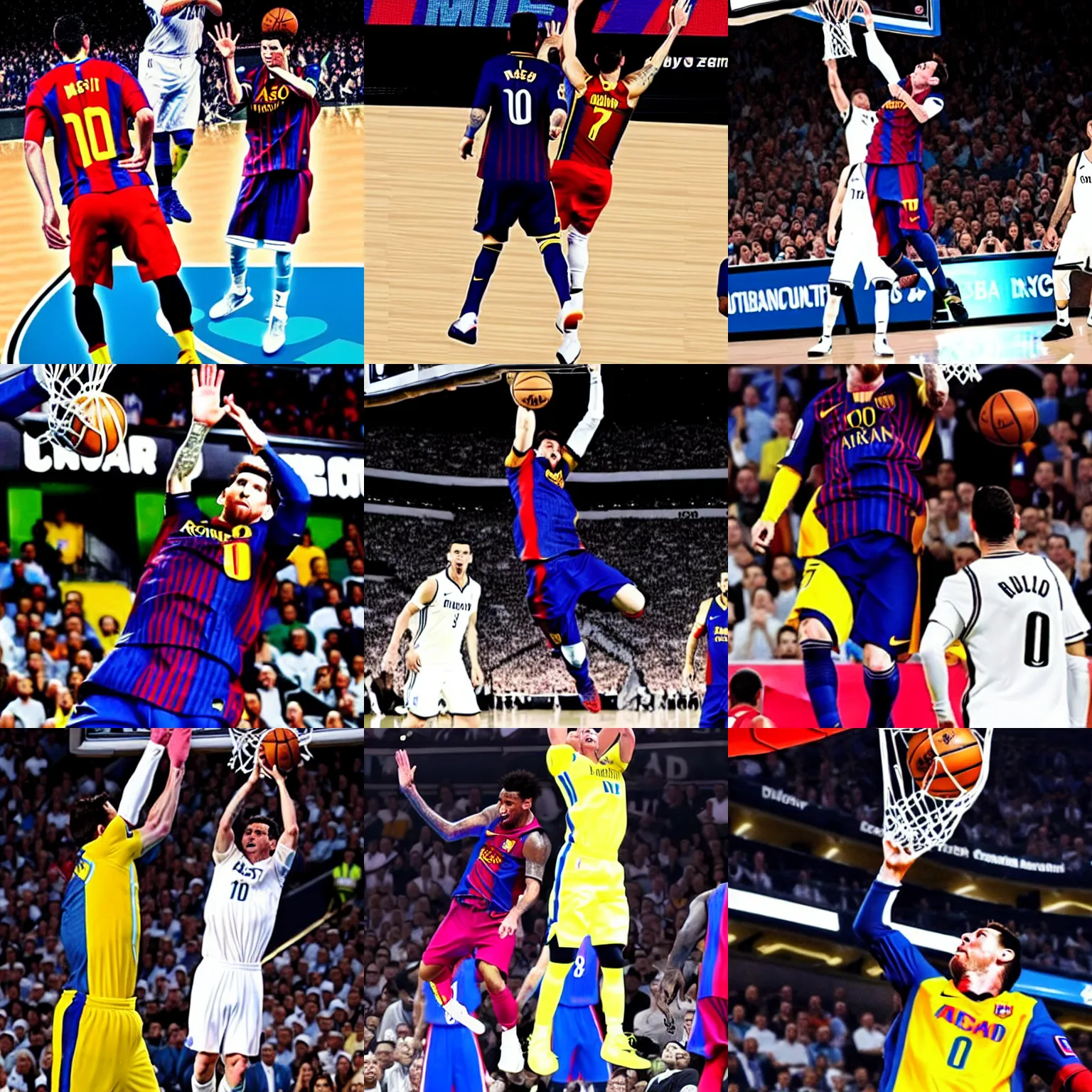 Prompt: Messi dunking on Ronaldo in the NBA,