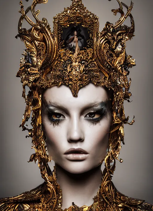 Image similar to a portrait of female model by stefan geselle and nekro borja, photorealistic, intricate details, hyper realistic, fantasy, ornate metal gold headpiece, photorealistic, canon r 3, photography, wide shot, photography, dark beauty, symmetrical features, wide angle shot, whole body, full body shot, standing pose