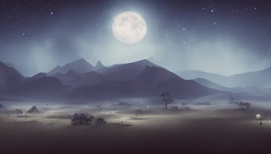 Image similar to a beautiful landscape at night, big moon on the right, stars in the sky, matte painting, dark blue tones, concept art, 4 k