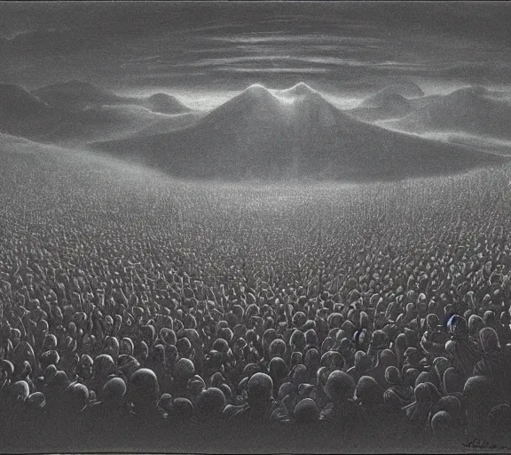 Image similar to a large amount of cultist followers gathered in front of a cult leader's stage, view from stage, in the style of beksinski