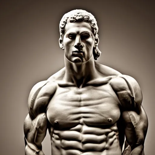 Image similar to muscular greek statue with benjamin netanyahu's face, studio lighting