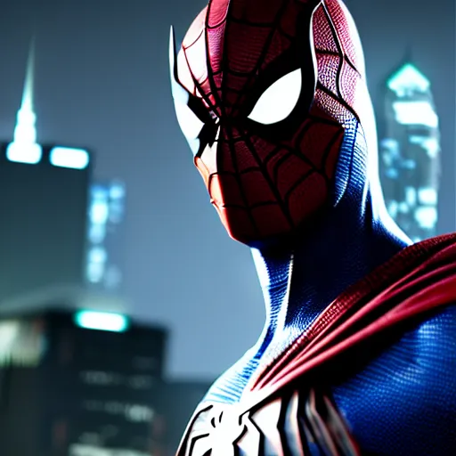 Image similar to futuristic spiderman dressed batman Arkham ,highly detailed, 4k, HDR, award-winning, artstation, octane render