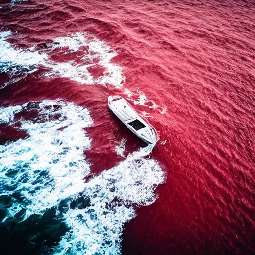 Image similar to a lonely boat floating in the turbulent red ocean, tsunami, fierce huge waves, dangerous depressing atmosphere, dark tone, disaster film, filmic, cinematic, aerial view