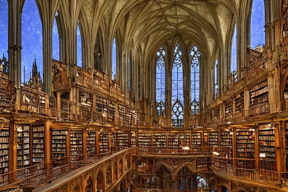 Prompt: a library in a gothic architecture, large windows in the background showing a bright night sky full of stars, trending on artsation,