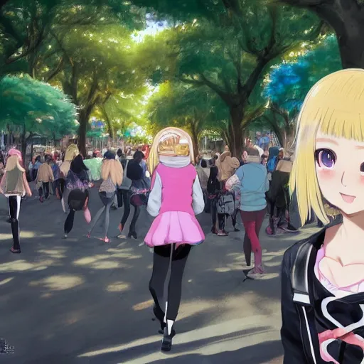 Image similar to blonde - haired princess, anime princess, wearing black jacket and white leggings, looking through crowd, town street, festival street, trees, green trees, blue lighting, blue sunshine, strong lighting, strong shadows, vivid hues, ultra - realistic, sharp details, subsurface scattering, intricate details, hd anime, 2 0 1 9 anime