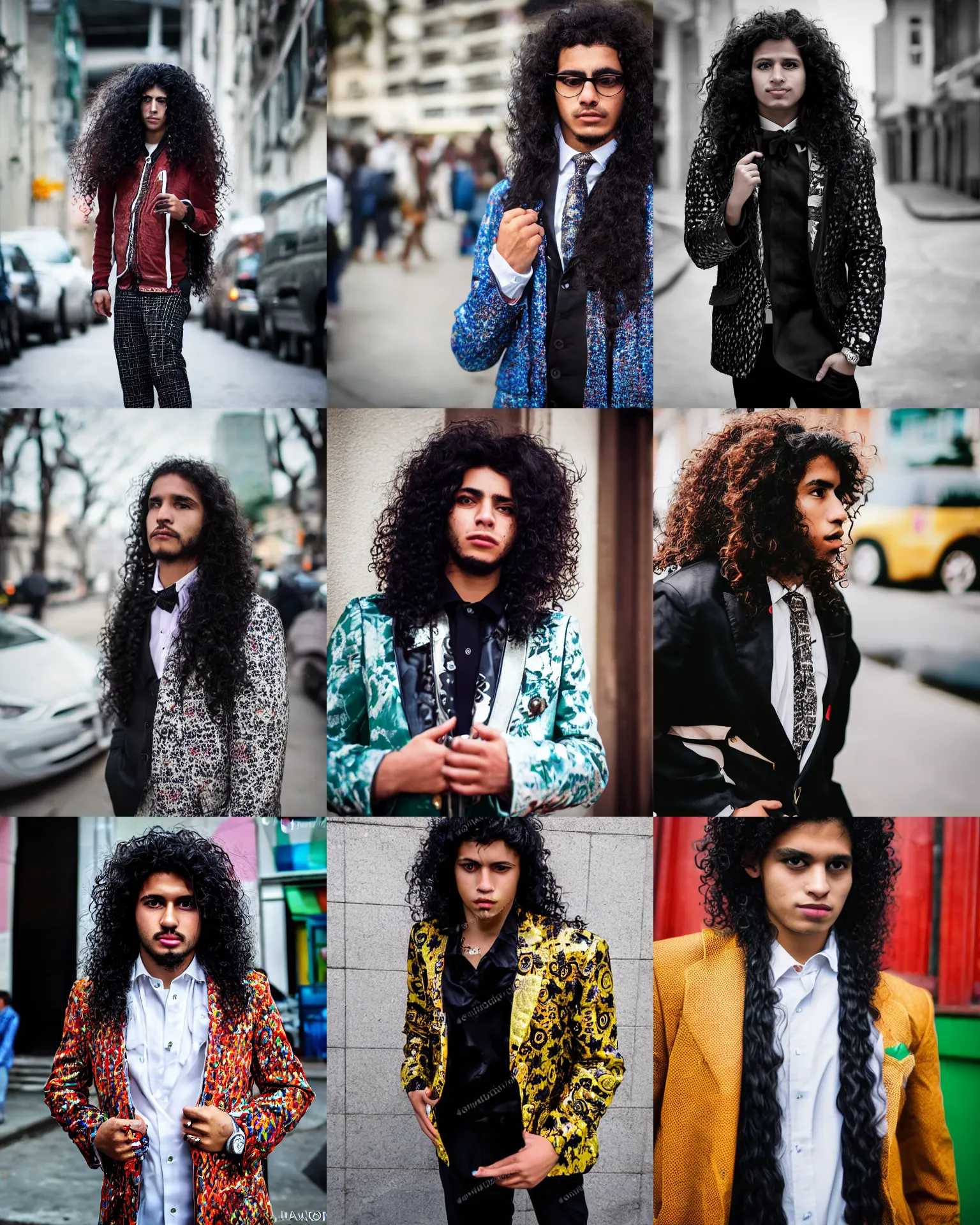 Prompt: a young brazilian pimp, wearing a fancy jacket, long black curly hair, high quality, sigma 8 5 mm, color photo, street photography