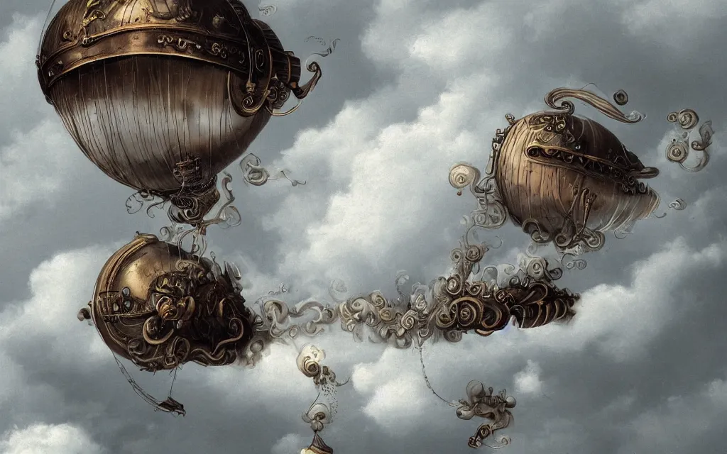Image similar to steampunk dirigible floating between swirling clouds. haze. rococo style