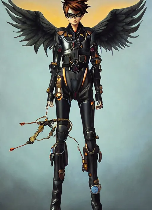 Image similar to full body artwork of tracer overwatch wearing leather collar in style of zdzisław beksinski, angel wings, dramatic painting, symmetrical composition, wearing detailed leather collar, black shiny armor, chains, black harness, detailed face and eyes,