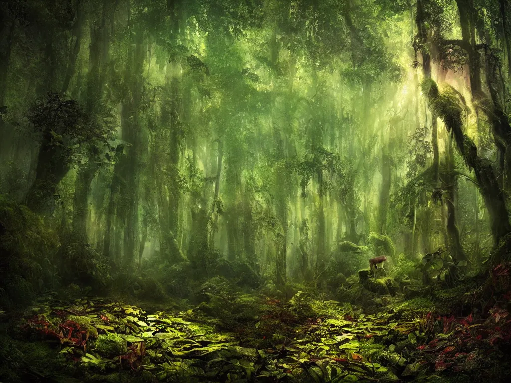 Prompt: a fantasy beautiful dense biorelevant rainforest setting, ultrawide angle, a deer radiating dramatic light, cinematic lighting, extremely emotional, extremely dramatic, surround it with pixie dust ether floating in the air, hdr, epic scale, cmyk, deep spectrum color