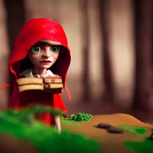 Image similar to a cinematic film still of a claymation stop motion film starring emma watson as little red riding hood, looking at wild wolf, shallow depth of field, 8 0 mm, f 1. 8