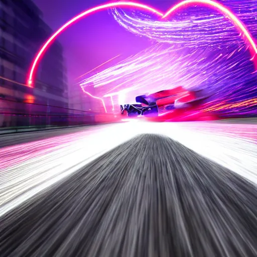 Image similar to go - kart racer taking a corner at speed on a race track, motion blur, laser, smoke, debris, fast movement, artistic angle, light streaks, dark mood, night time, ultra realistic