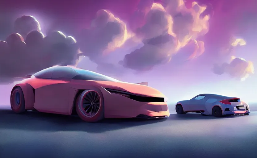 Prompt: a random crossover design sport car in a utopia world. art by filip hodas. clouds by rhads. car by nin.
