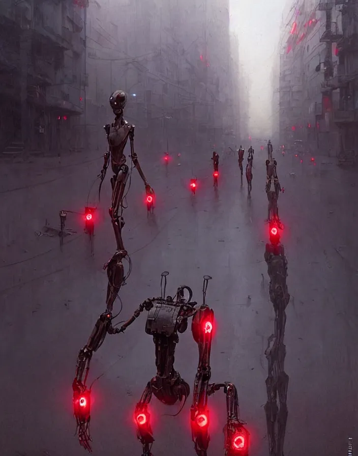 Prompt: a humanoid robot with red eyes marching down a street in los angeles, scifi, cinematic, horror, photorealism, hyper detailed, by greg rutkowski and zdzisław beksinski