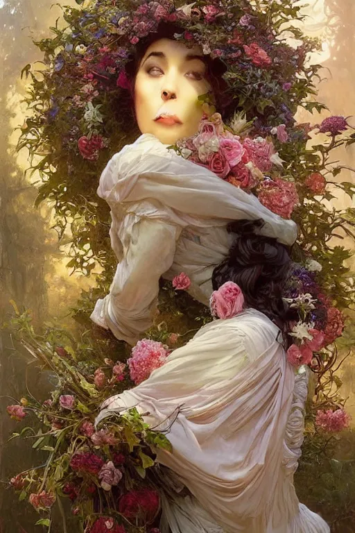 Image similar to a beautiful mysterious woman holding a large bouquet of flowing flowers, sleeping in an elaborate coffin, fantasy, regal, intricate, by stanley artgerm lau, greg rutkowski, thomas kindkade, alphonse mucha, loish, norman rockwell