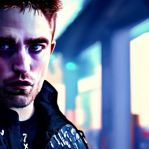 Image similar to robert pattinson portrait, Cyberpunk 2077, cyberpsycho, photorealistic, ultra detailed, neon, octane, bokeh, cyber, cyberpunk city, feature, scars, cyberface, 8k