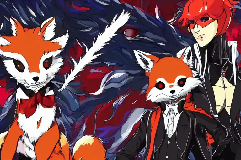 Image similar to a furry tan male fox on a persona 5 : royal ( by atlus ) video game splash screen, a furry male sandcolored tan fox fursona ( has hair ), persona 5 phantom thief style