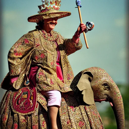 Prompt: the queen of england riding an elephant