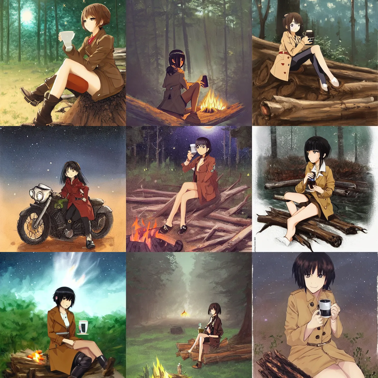 Prompt: An anime girl with short black hair and green eyes in a tan trenchcoat sitting on a log and drinking tea by the campfire by her motorcycle at night under the stars in the style of Jakub Rozalski