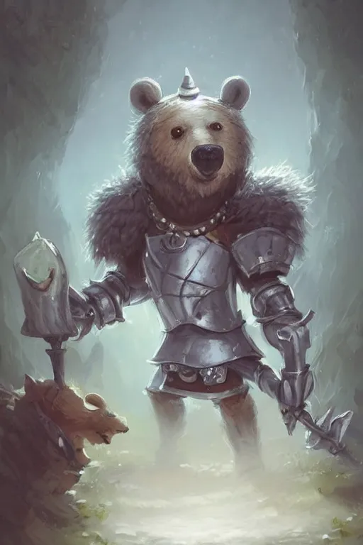 Image similar to cute little anthropomorphic bear knight wearing a cape and a crown, tiny, small, miniature bear, baby animal, short, pale blue armor, cute and adorable, pretty, beautiful, DnD character art portrait, matte fantasy painting, DeviantArt Artstation, by Jason Felix by Steve Argyle by Tyler Jacobson by Peter Mohrbacher, cinematic lighting