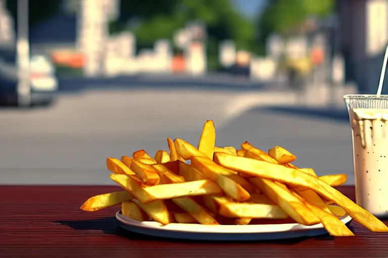 Prompt: best fries, best mayonnaise, best weather, best light, best drink. super realistic 8 k render