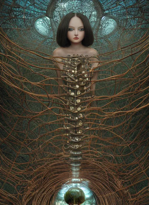 Image similar to wide - angle shot of mushroom temple, cables and tubes, depth of field, zeiss lens, detailed, symmetrical, centered, fashion photoshoot, by nicoletta ceccoli, mark ryden, lostfish, earl nore, hyung tae, frank frazetta, breathtaking, 8 k resolution, extremely detailed, beautiful, establishing shot, artistic, hyperrealistic, octane render