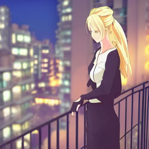 Image similar to a blonde woman with a ponytail wearing black stands on her balcony over a city street at night, anime style, 4k