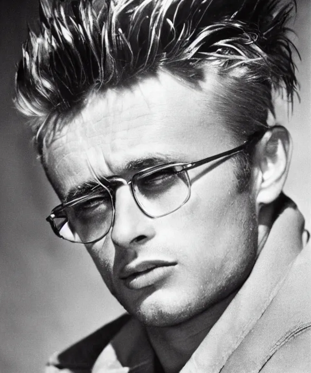 Prompt: a color photograph of james dean, by thomas ruff, platinum blond, intense, bold, exaggerated, overblown, ultra sharp, extra details, ultra high quality, trending on pinteresst
