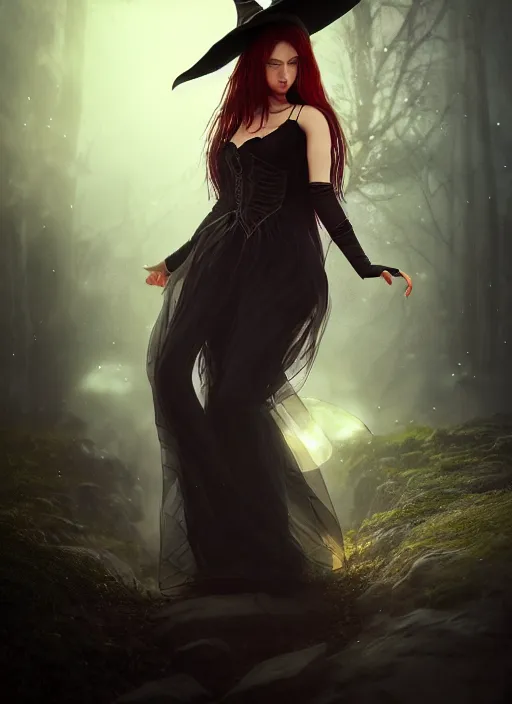 Image similar to beautiful full body portrait witch vampire queen highly detailed CGsociety subtle enchanting alluring magical concept art HDR hyper realistic volumetric lighting subsurface scattering unreal