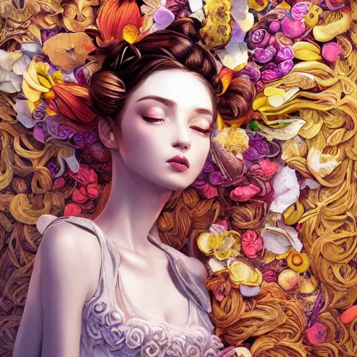 Image similar to the portrait of an absurdly beautiful, graceful, elegant young woman made of bananas and petals looking down, an ultrafine detailed illustration by kim jung gi, irakli nadar, intricate linework, bright colors, octopath traveler, final fantasy, angular, unreal engine 5 highly rendered, global illumination, radiant light, detailed and intricate environment