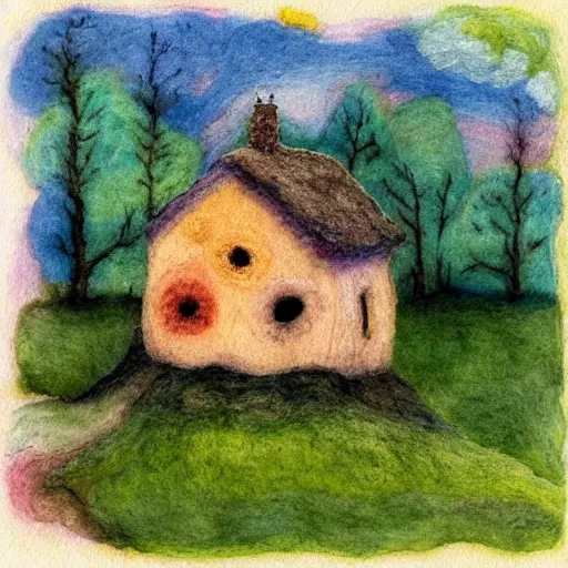 Image similar to small wooden house in the middle of spring forest, bright colours, watercolor, volumetric wool felting, macro photography, children illustration, by michael sowa