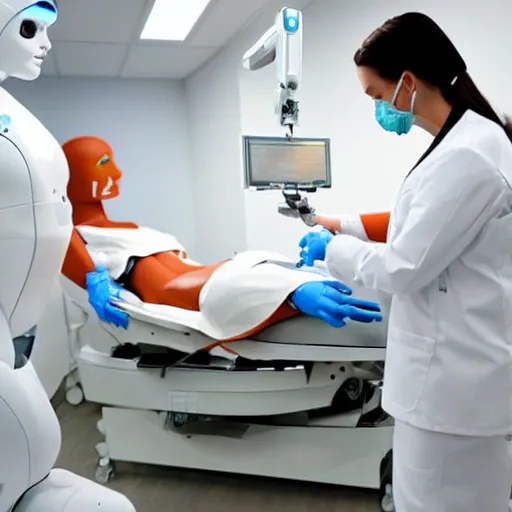 Image similar to realistic. high tech room, all white, sci fi. humanoid robot laying on operating table. female surgeon standing by