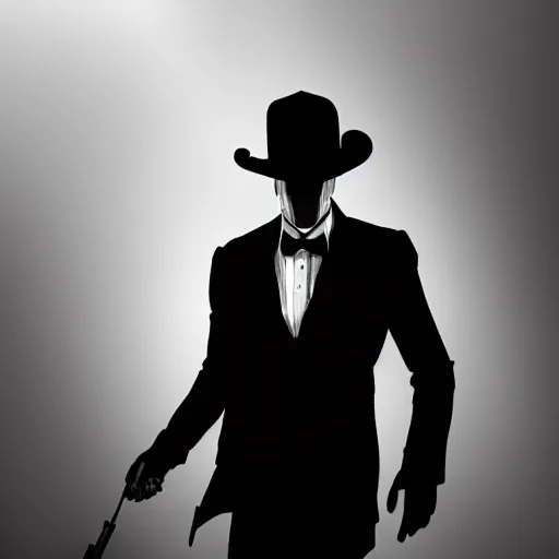 Image similar to mysterious man in black suit and black hat, he has a pistol, smoke, fog, mysterious, 4 k, highly detailed, digital art, strong shadows, high contrast, epic scene, atmospheric, blue colours, trending on artstation