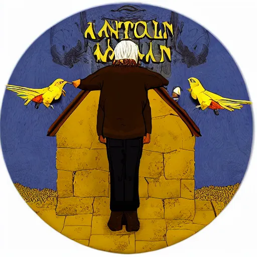 Prompt: an old man with 7 yellow birds as a rock album cover art, medieval fantasy game