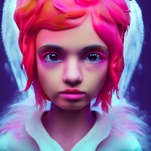 Image similar to angel spirit guide, cartoon portrait made out of rain, realistic, highly detailed, neon, rendered in octane, unreal engine, beautiful, trending on artstation,