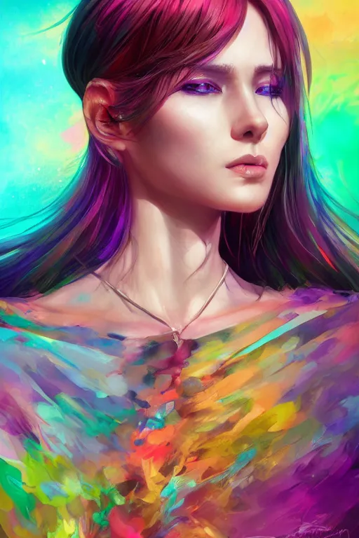 Image similar to chromatic goddess of colors, d & d, full body portrait, mixed media, seductive look, chromatic aberration, hyper realistic, highly detailed, headshot, digital painting, trending on artstation, concept art, sharp focus, illustration, art by wlop and artgerm and greg rutkowski and ayami kojima