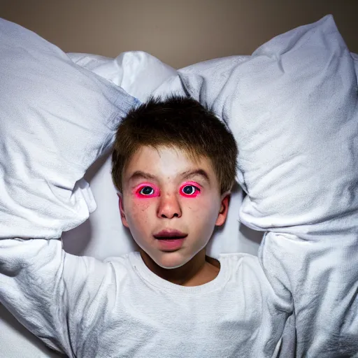 Image similar to a possessed kid floating at bed, hard flash, low angle point of view, night time